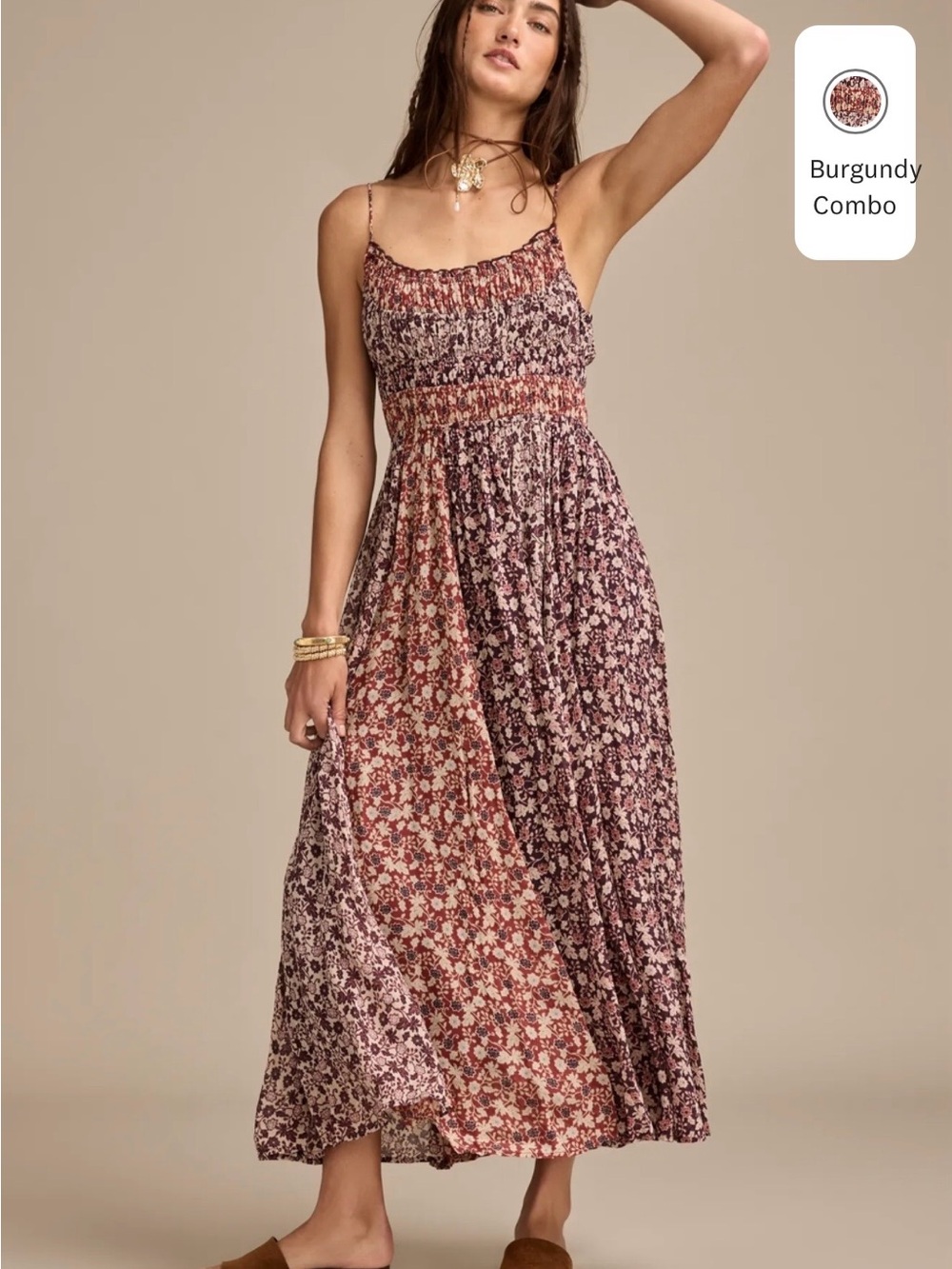 Lucky Brand Burgundy Floral Smocked Maxi Dress